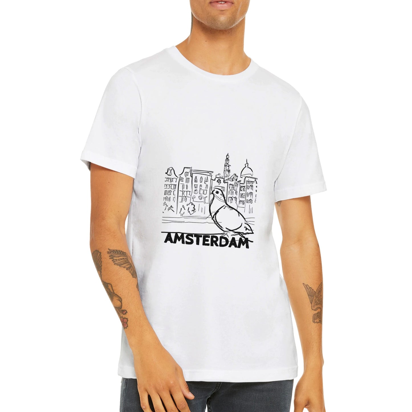 Amsterdam T-shirt | Mens Premium Unisex Crewneck T-shirt | Pigeon Sketch | City Print