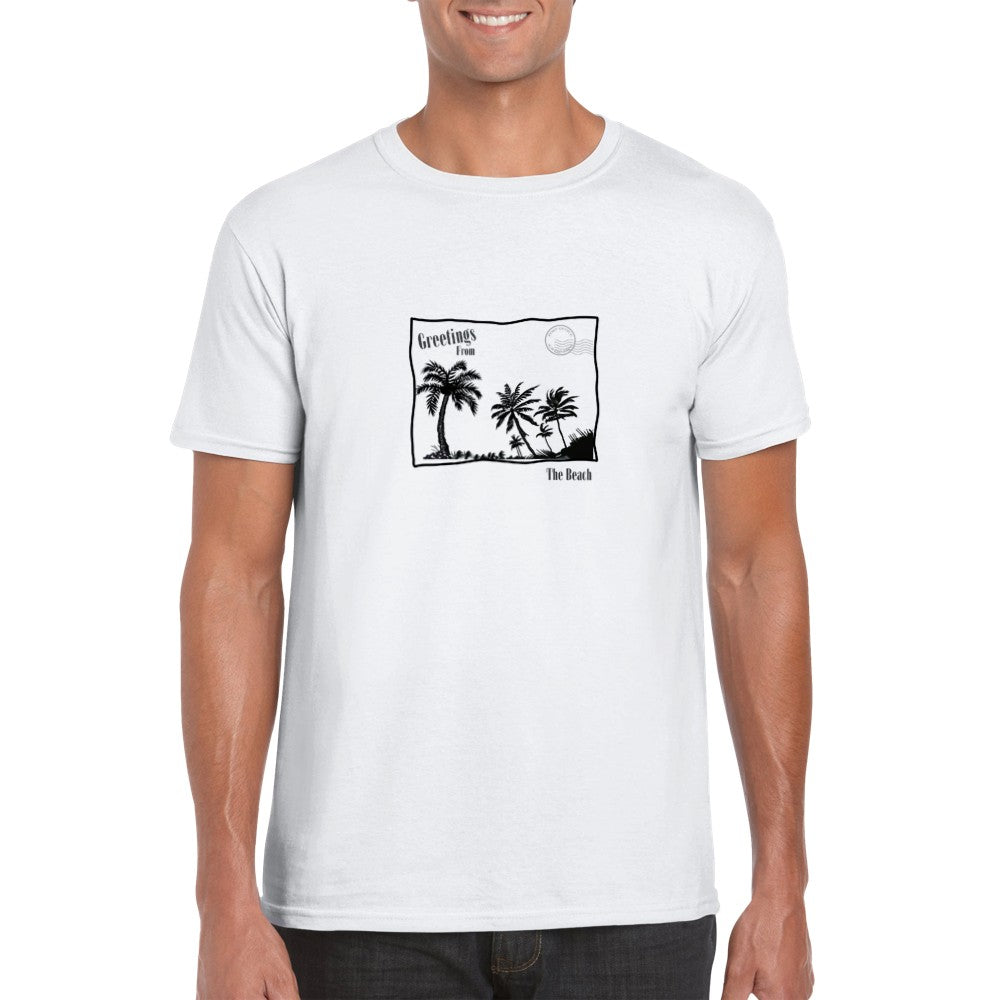 Classic Unisex Crewneck T-shirt | Postcard Palm Tree Print | Summer Vacation