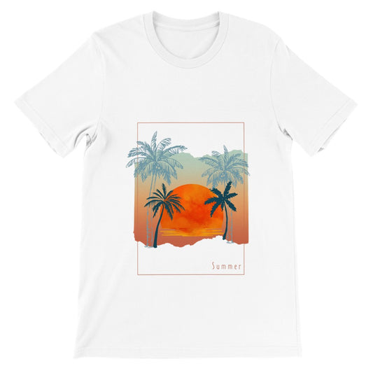 Premium Unisex Crewneck T-shirt | Sunset Island Print | Palm Tree Shirt