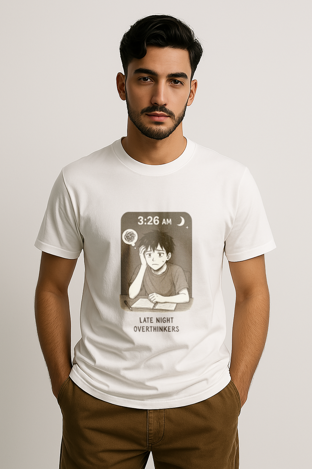 Manga | Mens Classic Crewneck T-shirt | Nachtelijk nadenken