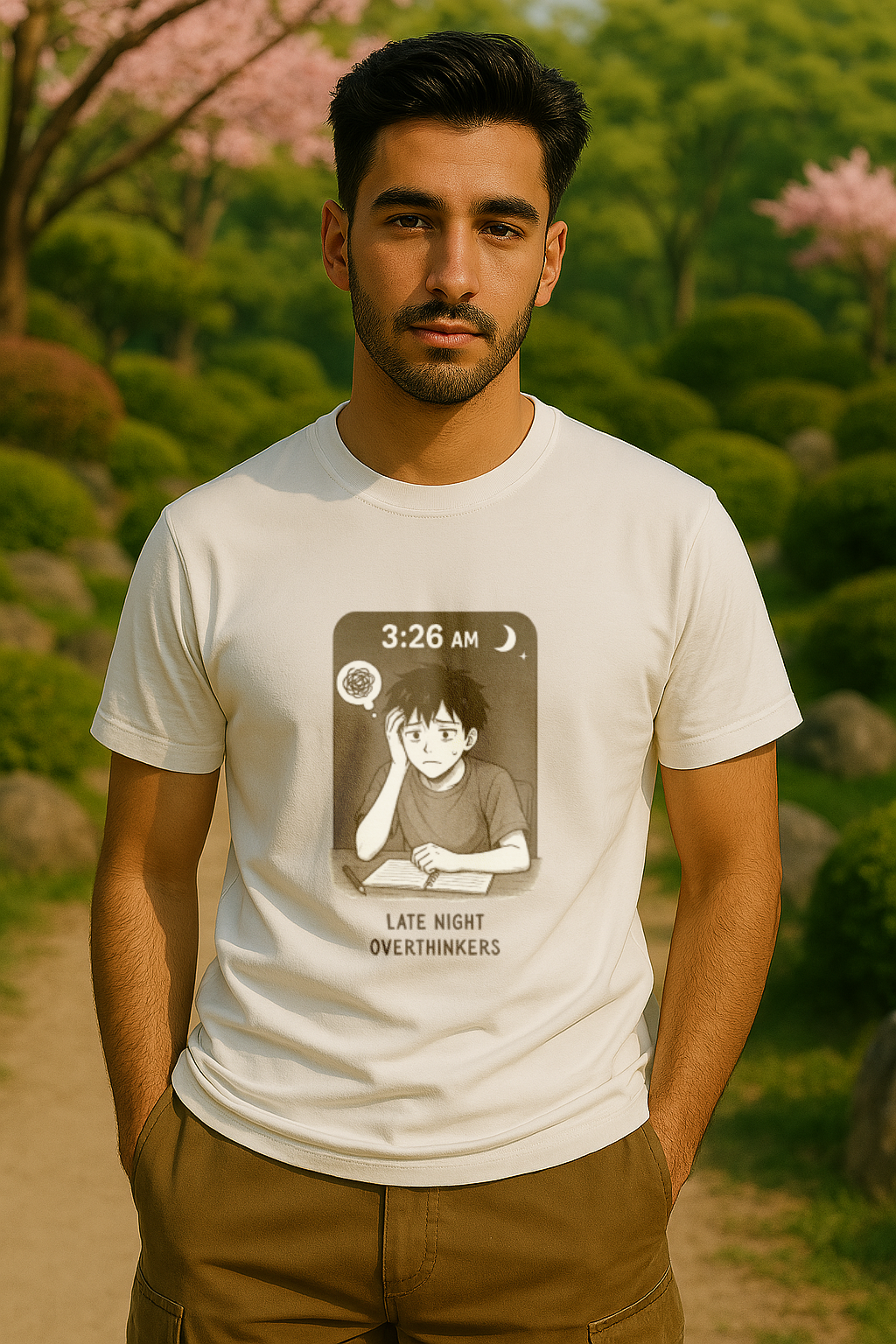 Manga | Mens Classic Crewneck T-shirt | Nachtelijk nadenken